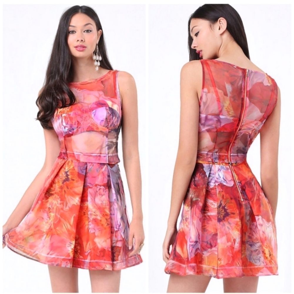 bebe Red and Pink Floral Mini Dress